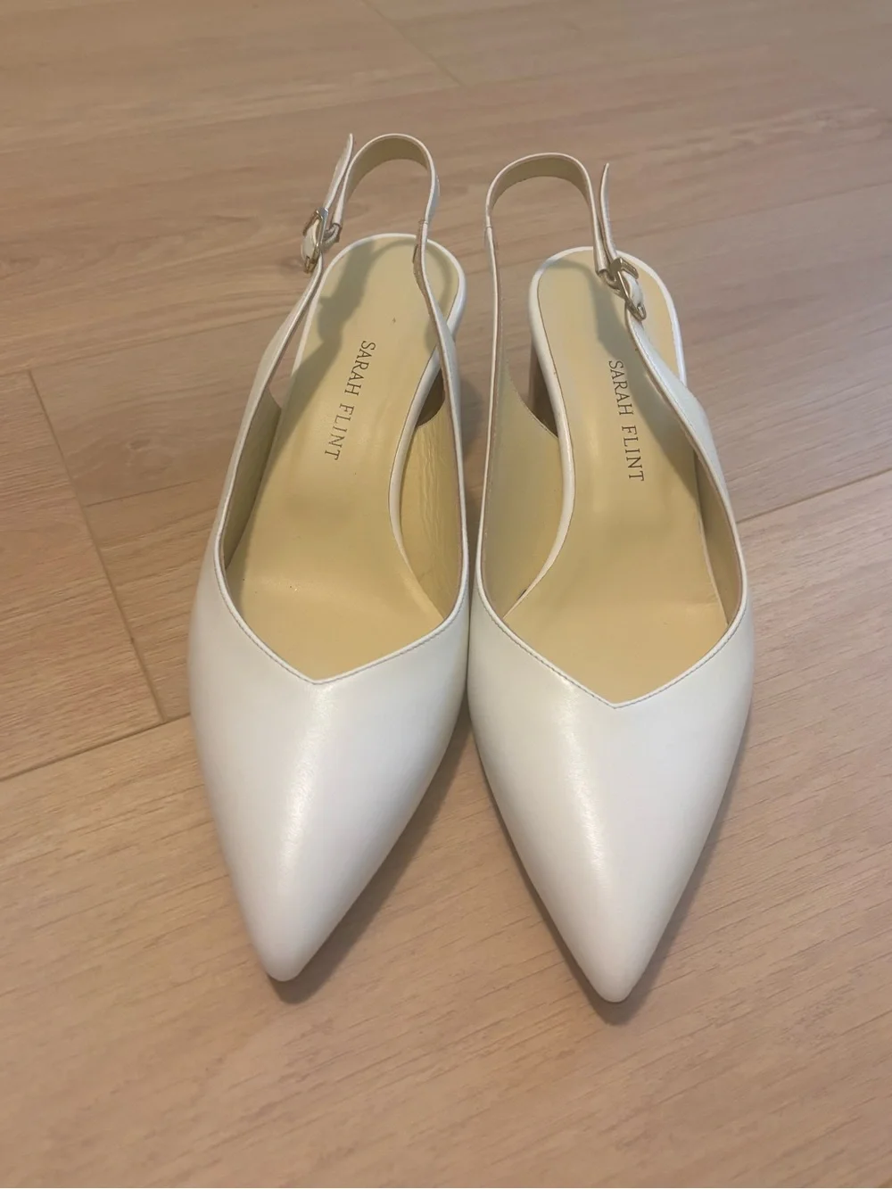 Sarah Flint White Pointed-Toe Slingback Pumps with Patterned Block Heel-Size 9